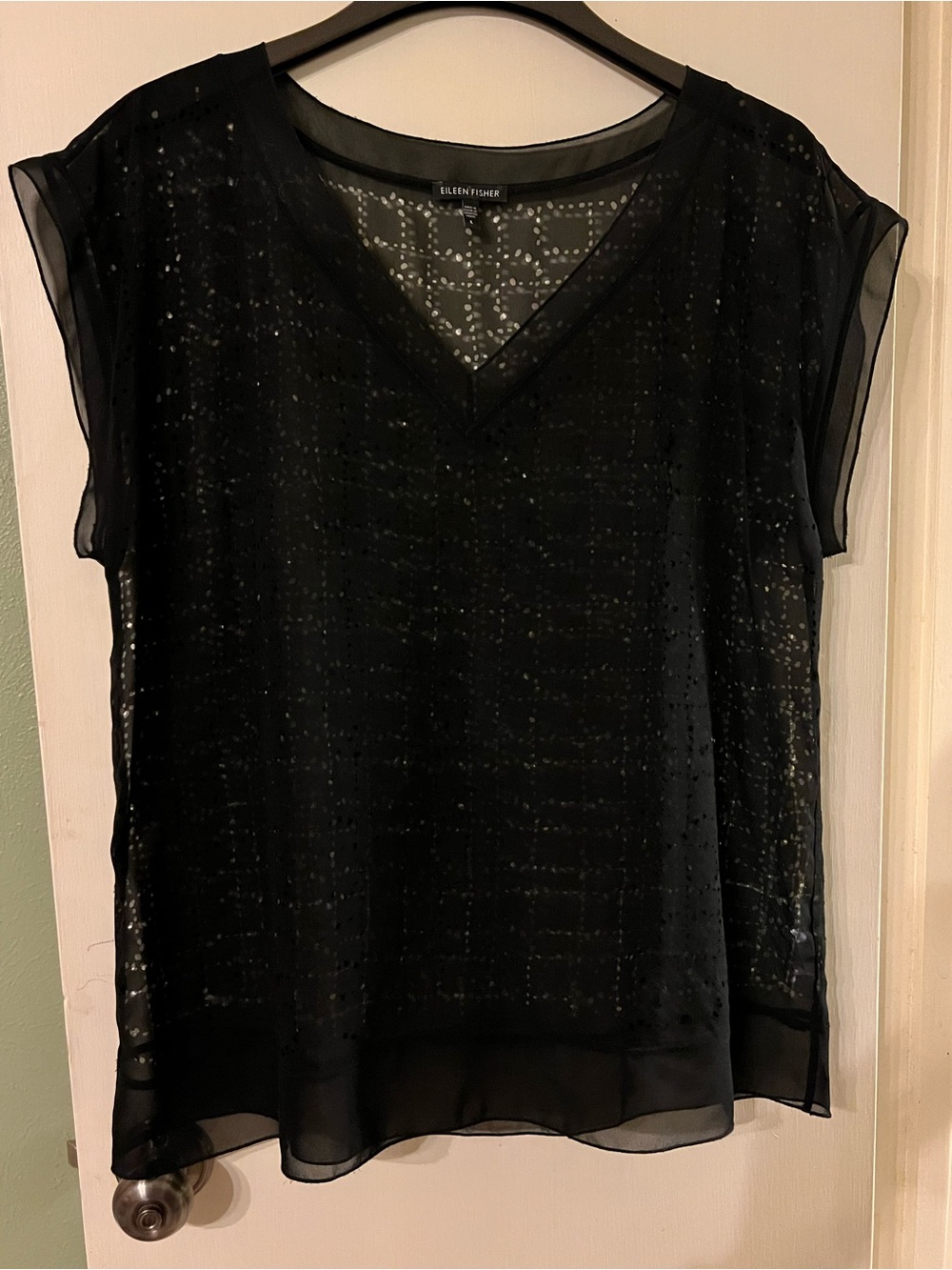 Eileen Fisher Semi-sheer Shirt 100% Recycled Polyester Laser Cut Black Sz Large
